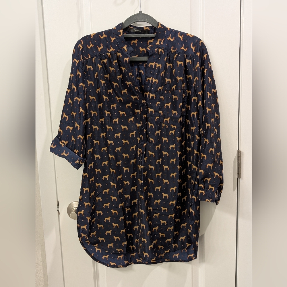 Navy Blouse with Orange Dog Print